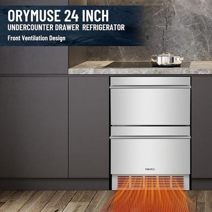 ORYMUSE 24 Inch Outdoor Drawer Refrigerator, Undercounter Beverage Cooler Fridge with Stainless Steel Seamless Drawers, 154 Can Capacity Beverage Center for Patio, Kitchen and Commercial Use