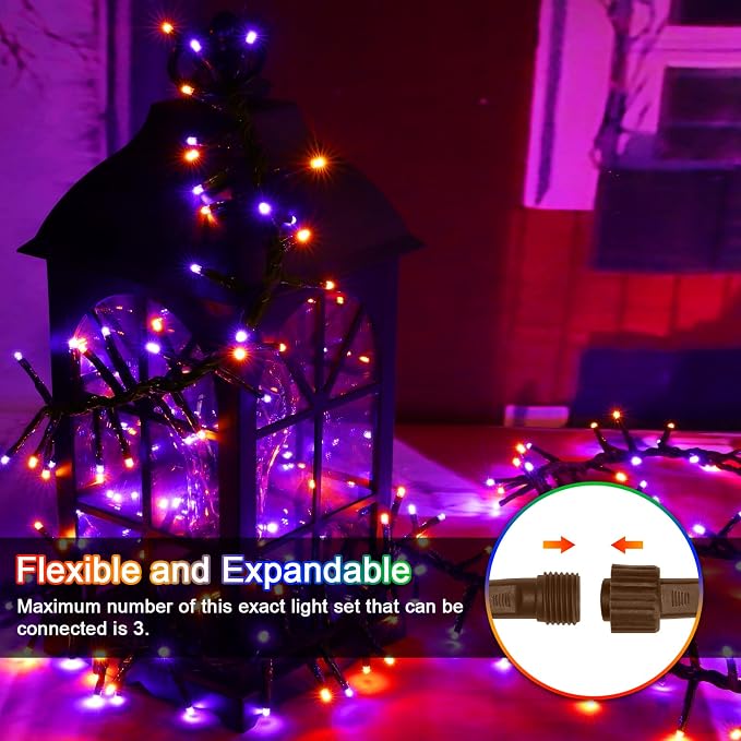 Purple Orange Halloween String Lights Outdoor, 46FT 500LED Twinkle Fairy Lights, 16 Modes Plug in Waterproof Cluster Lights for Bedroom Indoor Outdoor Halloween Decorations