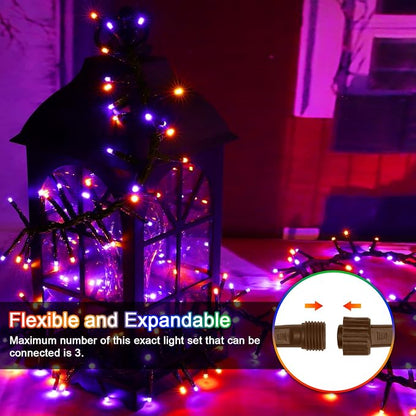 Purple Orange Halloween String Lights Outdoor, 46FT 500LED Twinkle Fairy Lights, 16 Modes Plug in Waterproof Cluster Lights for Bedroom Indoor Outdoor Halloween Decorations