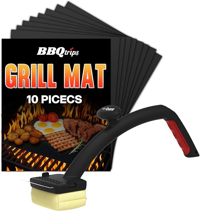 Grill Brush and Grill Mats for Outdoor Grill, BBQ Grill Accessories Set - Grill Brush Bristle Free with Scraper ×1 and Grill Mats ×10, BBQ Grill Brush Cleaning Set/Grill Mats for Grilling