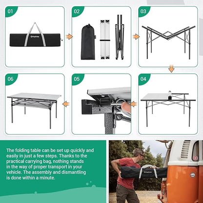 KingCamp Folding Camping Table, Portable Camp Table Foldable Aluminum Roll Up Seamless Desktop with Storage and Tall Legs for Outdoor Backyard Picnic