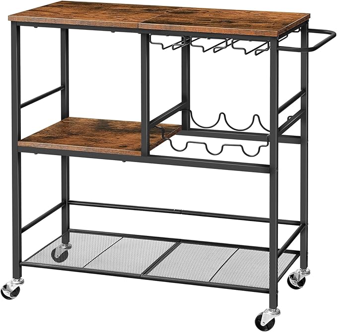 HOOBRO Bar Cart for The Home, 29.5 inches 3-Tier Serving Cart with Wheels, Rolling Kitchen Cart with Wine Rack and Glass Holder for Living Room, Party, Bar, Rustic Brown and Black BF21TC01G1