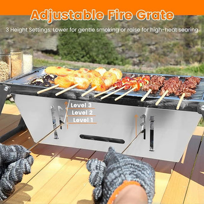 Portable Charcoal Grill, 3 In 1 Stainless Steel Foldable Table Top Charcoal Small Grill, Camping Smoker BBQ Grill with Storage Shelf for Outdoor Cooking, Travel, Camping, Backyard