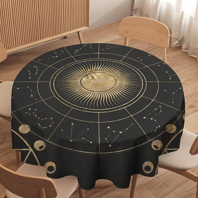 Retro Sun Moon Phases Round Tablecloth Vintage Star Magical Galaxy Space Table Cloth Water Resistant Wipeable Table Cover for Farmhouse Picnic Party Holiday Kitchen Dinner Table 50"