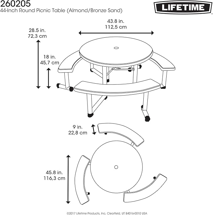 Lifetime Picnic Table 22127 44-inch Round Top Swivel Benches Almond Color Top