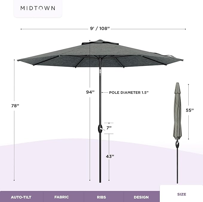 Midtown Umbrellas - 10-Year-No-Fade 9 Ft Patio Umbrella with Terylast Fabric, Auto-Tilt Aluminum Frame and 8 Reinforced Ribs for Deck, Pool, Garden & Beach - Geige Canopy, Black Pole