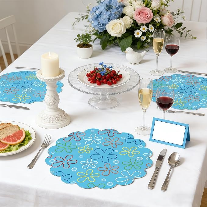 100 Pcs Beach Paper Placemats, Sea Sponge Birthday Party Supplies, 13.5 Inch Blue Flower Placemats Under the Sea Round Scalloped Disposable Placemat for Baby Shower Summer Ocean Theme Party Favors