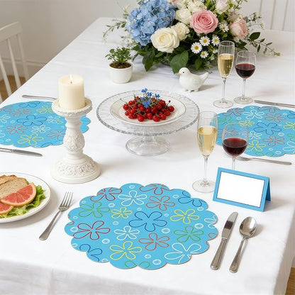 100 Pcs Beach Paper Placemats, Sea Sponge Birthday Party Supplies, 13.5 Inch Blue Flower Placemats Under the Sea Round Scalloped Disposable Placemat for Baby Shower Summer Ocean Theme Party Favors