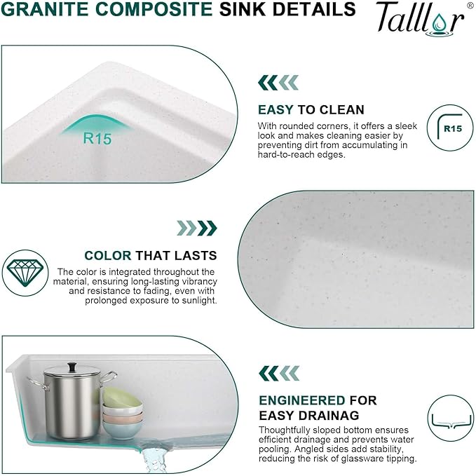 30 Inch Granite Composite Kitchen Sink - 30"x19" White Undermount Granite Kitchen Sink, Classic Quartz Single Bowl Workstation All-In One Sinks Basin for Modern Kitchens #TLGU-105