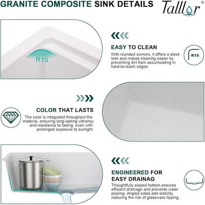 30 Inch Granite Composite Kitchen Sink - 30"x19" White Undermount Granite Kitchen Sink, Classic Quartz Single Bowl Workstation All-In One Sinks Basin for Modern Kitchens #TLGU-105