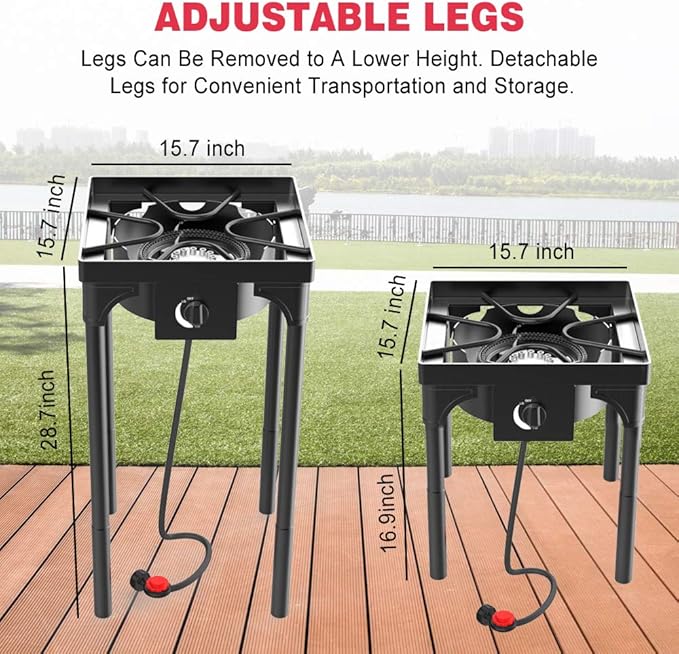 Outdoor & Indoor Portable Propane Stove, Single & Double Burners with Gas Premium Hose, Detachable Legs for Backyard Kitchen, Camping Grill, Hiking Cooking, Outdoor Recreation (DB01-Medium,1 Burner)