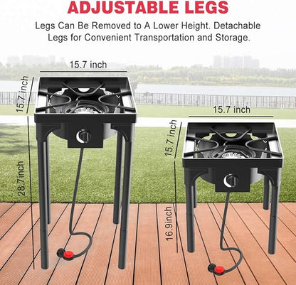Outdoor & Indoor Portable Propane Stove, Single & Double Burners with Gas Premium Hose, Detachable Legs for Backyard Kitchen, Camping Grill, Hiking Cooking, Outdoor Recreation (DB01-Medium,1 Burner)