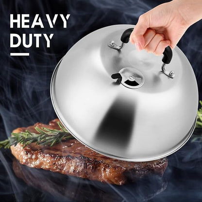 12In Cheese Melting Dome, HaSteeL Heavy Duty Basting Cover with Adjustable Vent, Stainless Steel Round Steaming Cover Lid for Flat Top Griddle Grill Teppanyaki Kitchen Indoor Outdoor, Dishwasher Safe