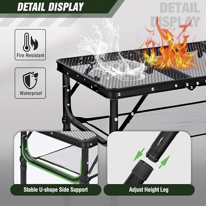 REDCAMP Small Triple fold Folding Grill Table for Outside, 3 Heights Adjustable Lightweight Portable Metal Frame Outdoor Table for Camping Picnic Cooking BBQ, Black, 34x16 inches