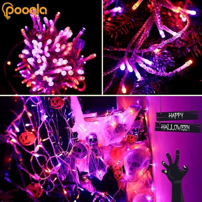 Pooqla 2 Pack Halloween String Lights Battery Operated, Total 66.6ft 200 LED Fairy Lights Indoor Outdoor Decorations, 8 Modes Orange Purple Battery Lights for Porch Party Halloween Decorations