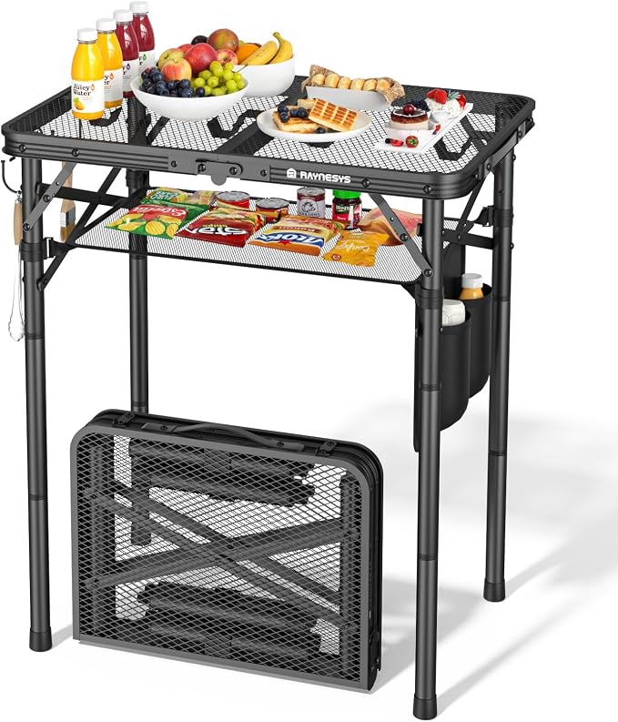 Raynesys Portable Folding Grill Table for Outside for Picnic, Camping | 3 Height Adjustable Small Camping Table with Mesh Bag, Metal Aluminum Folding Table, 23.62 x 15.75 inches, Black