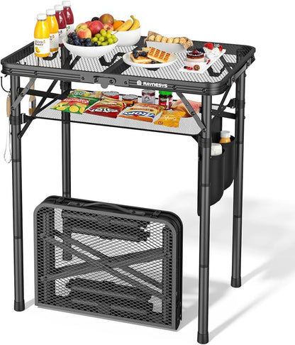 Raynesys Portable Folding Grill Table for Outside for Picnic, Camping | 3 Height Adjustable Small Camping Table with Mesh Bag, Metal Aluminum Folding Table, 23.62 x 15.75 inches, Black
