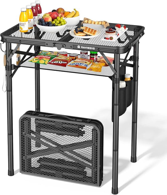 Raynesys Portable Folding Grill Table for Outside for Picnic, Camping | 3 Height Adjustable Small Camping Table with Mesh Bag, Metal Aluminum Folding Table, 23.62 x 15.75 inches, Black