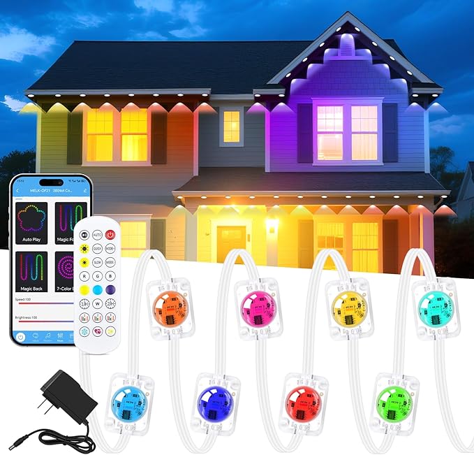 KISUFU 200FT RGB+IC Permanent Outdoor Lights, 24V Year-Round Roof & Eaves Lighting with 221 Modes, App & Remote Control, IP68 Waterproof, Smart Outside Lights for Holidays