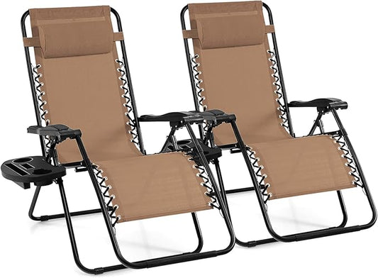 Giantex 2 PCS Zero Gravity Chair Patio Chaise Lounge Chairs Outdoor Yard Pool Recliner Folding Lounge Chair with Cup Holder (Beige)