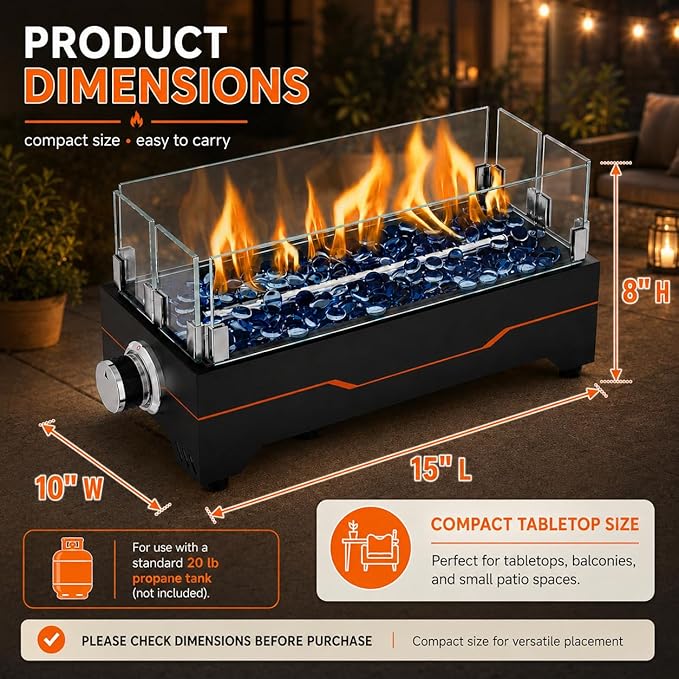 GRISUN Tabletop Fire Pit,15 Inch Propane Fire Pit Table,30000 BTU Table Top Firepit with Glass Wind Guard,Stainless Steel Burner,Fire Glass,Portable Propane fire Pit for Patio, Camping, Backyard & RV