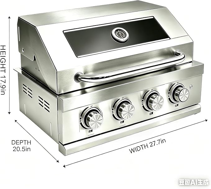 Premium 4 Burner Built In Gas & Charcoal Grill Island Head, Portable 304 Stainless Steel Outdoor Grill, 50,000 BTUs, 403 SQ In Racks, Dual Fuel Compatibility(27-IN)
