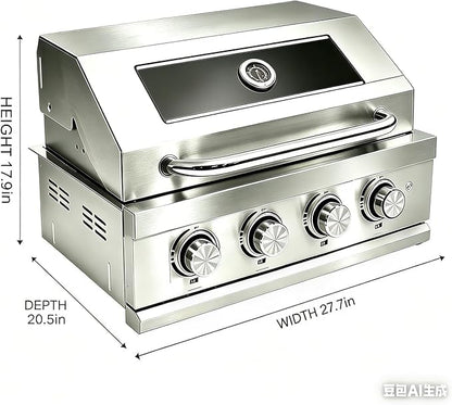 Premium 4 Burner Built In Gas & Charcoal Grill Island Head, Portable 304 Stainless Steel Outdoor Grill, 50,000 BTUs, 403 SQ In Racks, Dual Fuel Compatibility(27-IN)
