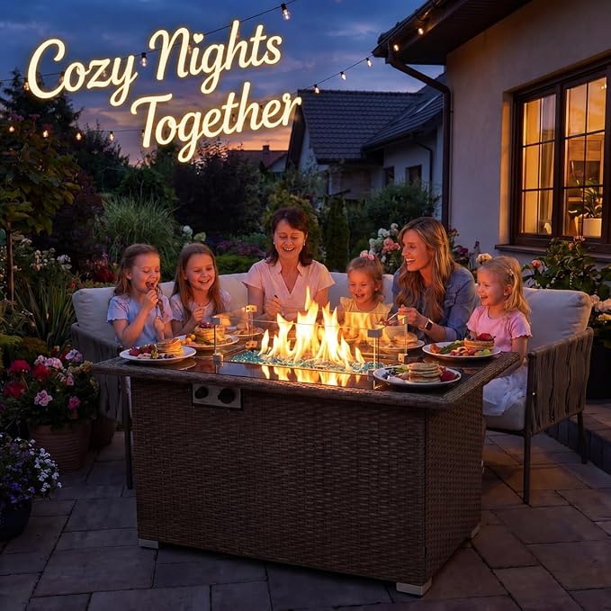44" Propane Fire Pit Table, 50,000 BTU Outdoor Wicker Gas Fire Table with Glass Wind Guard, Tempered Glass Top, Auto Ignition, Lid & Protective Cover, ETL Certified Patio Firepit Table, Brown