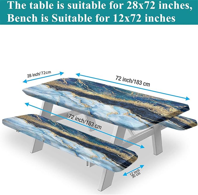 Marble Picnic Table Cover with Bench Covers, 3 Pieces Set, Blue Golden Marble Texture Elastic Fitted Rectangle Tablecloths, 72x28 Inch, Great for Picnic Party Outdoor Patio Camping Use