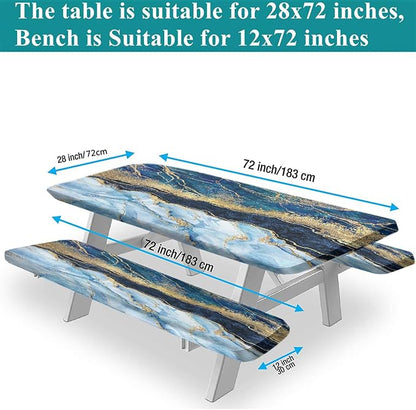Marble Picnic Table Cover with Bench Covers, 3 Pieces Set, Blue Golden Marble Texture Elastic Fitted Rectangle Tablecloths, 72x28 Inch, Great for Picnic Party Outdoor Patio Camping Use