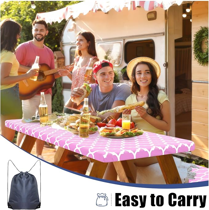 Smiry Picnic Table Cover with Bench Covers, Waterproof Elastic Fitted Tablecloth for 8 Foot Tables, Washable Polyester Tablecloths for Camping, Indoor & Outdoor (Pink, 30x96 Inch 3-pc Set)