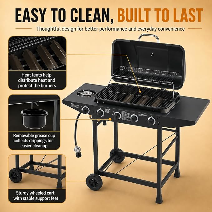 4-Burner Outdoor Propane Gas Grill with Side Burner, 42,000 BTU, Porcelain-Enameled Grates, 534 Sq. In. Cooking Area, Piezo Ignition and Wheels