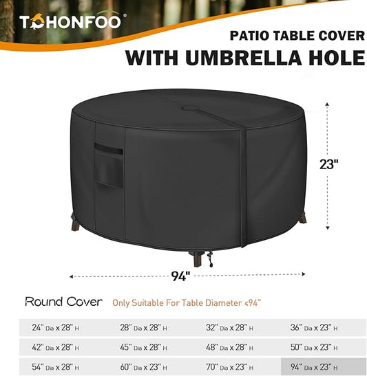 Round Patio Table Cover with Umbrella Hole - 94"DIA x 23"H (COVER SIZE，NOT TABLE SIZE) Heavy Duty Waterproof 600D Oxford Fabric Outdoor Lawn Patio Furniture Covers