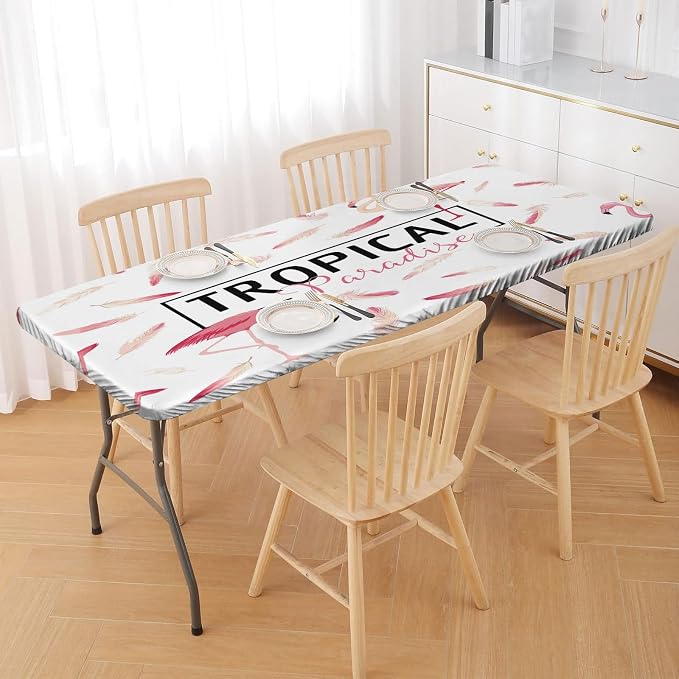 Irisbell Picnic Table Cover with Elastic Edge,6FT Wind Proof Wrinkleproof Fitted Tablecloth Cover Camping Beach Patio Rectangle Table Cloth for Indoor Outdoor (Tropical Flamingo, 30'' x 72'')