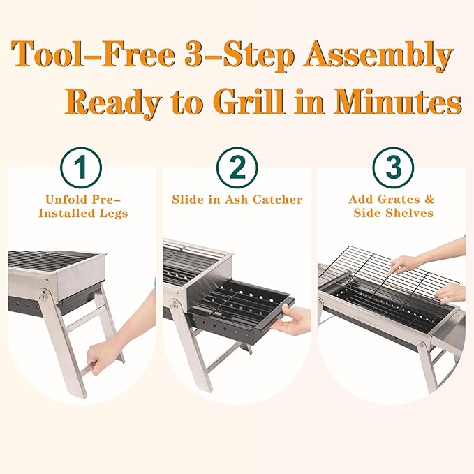 Portable Folding Charcoal Grill Tool-Free Assembly Stainless Steel BBQ Grill with Slide-Out Ash Pan & Side Trays, Compact Outdoor Barbecue for Camping, Picnic, Tailgating