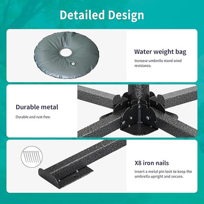AMMSUN Foldable Portable Beach Umbrella Stand, Patio Umbrella Base Holder | Outdoor Sunshade Anchor, with Weight Bag, Rust-Free Tempered Iron Umbrella Stand for Courtyard, Garden, Beach, Lawn, Fishing