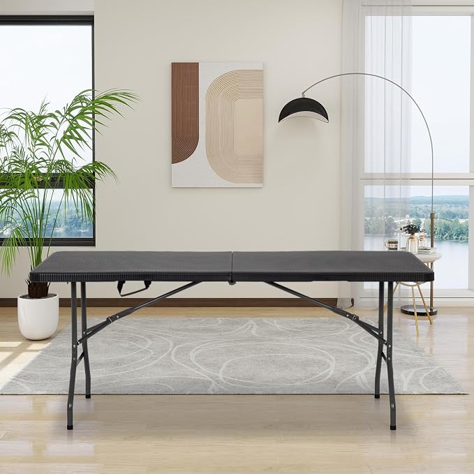 PayLessHere 6ft Folding Tables,Plastic Resin Table with Collapsible Alloy Steel Frame,Plastic Table for Indoor,Outdoor,Camping,BBQ,Picnic,Black Ratten
