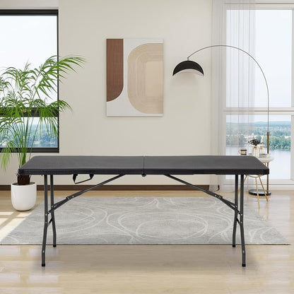 PayLessHere 6ft Folding Tables,Plastic Resin Table with Collapsible Alloy Steel Frame,Plastic Table for Indoor,Outdoor,Camping,BBQ,Picnic,Black Ratten