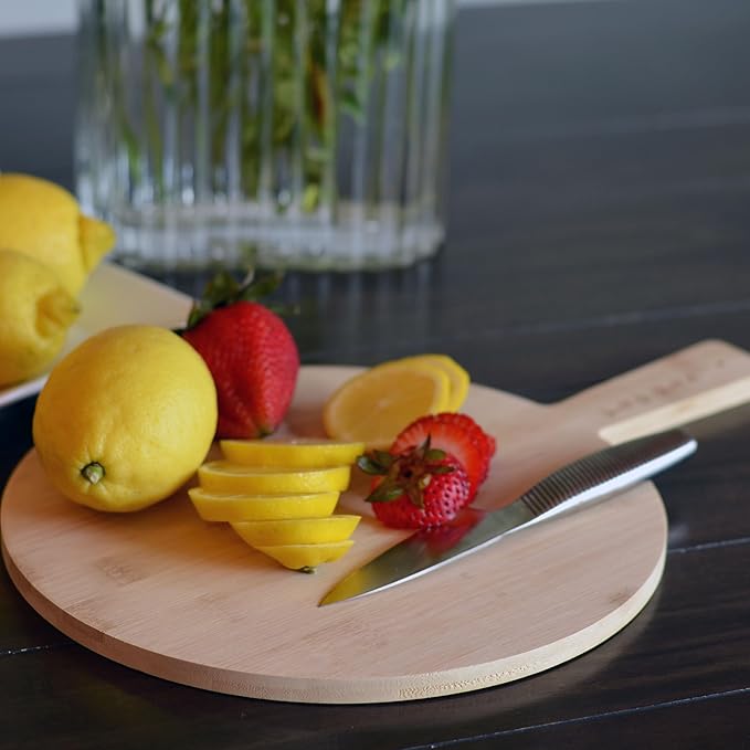 Chill and Grill Cutting Board, Paddle Shaped, Bamboo, Embellished Handle, Usable on Both Sides, Over 1 Foot Long, 14.5 x 10.25 Inches