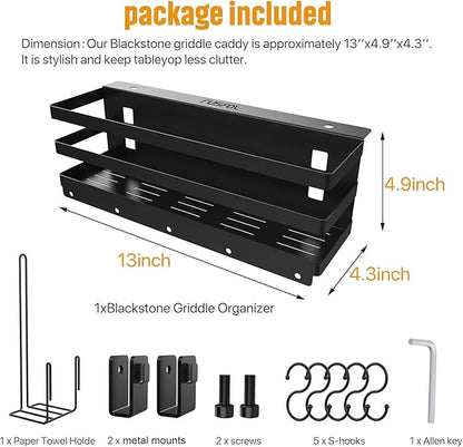 Improved Stainless Steel Griddle Caddy with Wobble-Free Paper Towel Holder for 28"/36" Blackstone Griddles, Space Saving BBQ Accessories Storage Box, Free from Drill Hole&Easy to Install