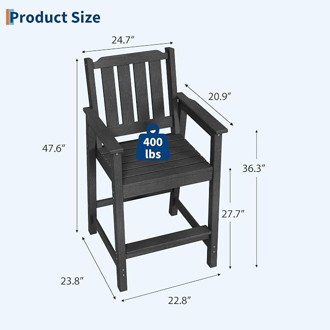 Garvee Outdoor Patio Bar Height Chair Set of 4, All-Weather HDPE Bar Height Barstools Widened Chair Set, Adirondack Chairs Set with Widened Armrests for Garden, Poolside, Bistro