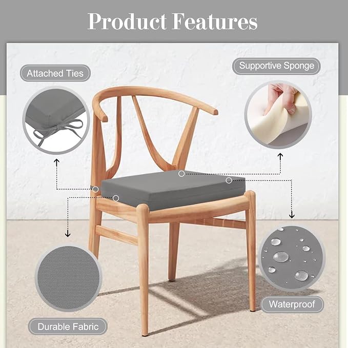 Cozyide Outdoor Chair Cushions, Waterproof Patio Seat Cushions with Adjustable Straps, Square Corner Patio Chair Cushions for Garden, Light Grey, 18.5x16x3 Inch (Pack of 4)