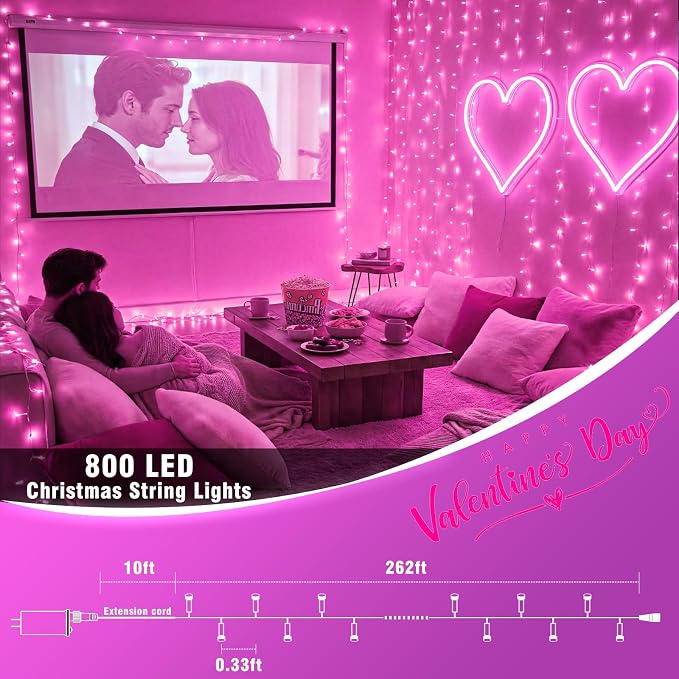 800 LED Pink String Lights Indoor Valentines Day Decorations, 262 FT Valentines Day Lights Waterproof with 8 Modes, Clear Wire Pink Fairy Lights Plug in for Valentine Day Wedding Party Bedroom Decor