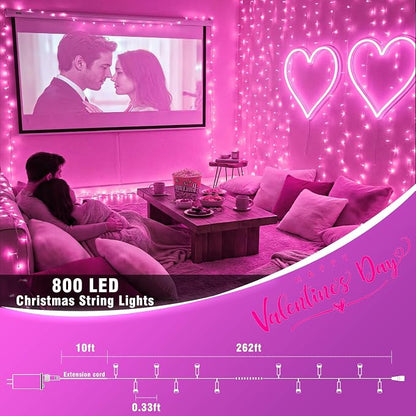 800 LED Pink String Lights Indoor Valentines Day Decorations, 262 FT Valentines Day Lights Waterproof with 8 Modes, Clear Wire Pink Fairy Lights Plug in for Valentine Day Wedding Party Bedroom Decor