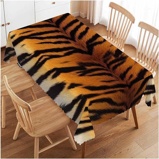 Swono Tiger Print Table Covers 52x70 Inch Wildlife Tiger Skin Brown Black Wipeable Tablecloth Kitchen Dinning Tabletop Decoration, Table Cloth for Outdoor and Indoor Use