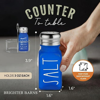 Blue Salt and Pepper Shakers Set with Holder by Brighter Barns - Glass Salt Shaker with Caddy - Farmhouse Kitchen Decor and Accessories for Coastal Home, Dining Table, Restaurant, Airbnb, Gifts (Blue)