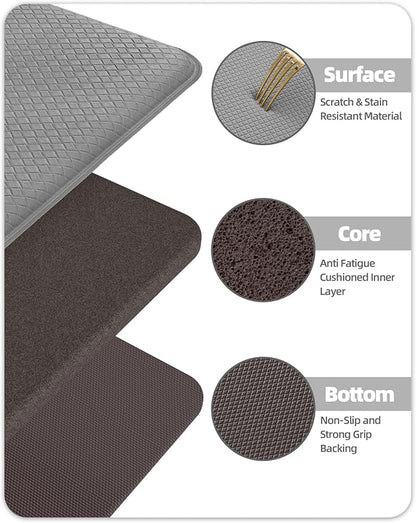 Color&Geometry Anti Fatigue Cushion Padded Kitchen Mat for Floor - 17x29+17x59,Easy Clean, Waterproof & Oil Proof, Anti Slip, Foam Rubber Runner Rug for Front Sink Comfort Standing, Grey Set of 2