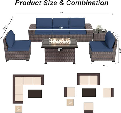 ALAULM 7 Pieces Patio Furniture Set with Fire Pit Table 55000BTU, Oversized Seat/Armrest and High Back Wicker Conversation Set with Thick Cushion for Backyard, Garden, Navy Blue