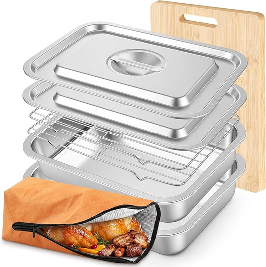 8-in-1 Stainless Steel Grill Prep Tray and Carry System with Meat Resting Bag, Bamboo Cutting Board, Rack, Pans & Lids - Outdoor BBQ Kit Grill Accessories for Cooking, Camping, Kitchen Prep(Medium)