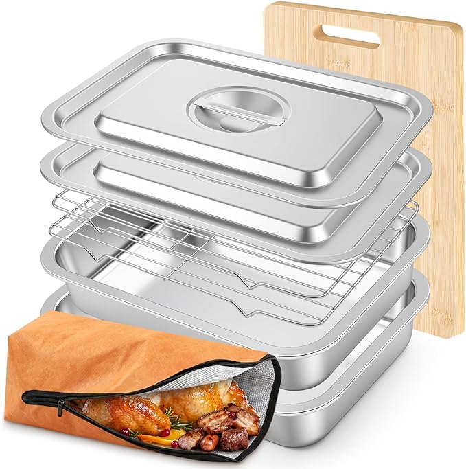 8-in-1 Stainless Steel Grill Prep Tray and Carry System with Meat Resting Bag, Bamboo Cutting Board, Rack, Pans & Lids - Outdoor BBQ Kit Grill Accessories for Cooking, Camping, Kitchen Prep(Large)